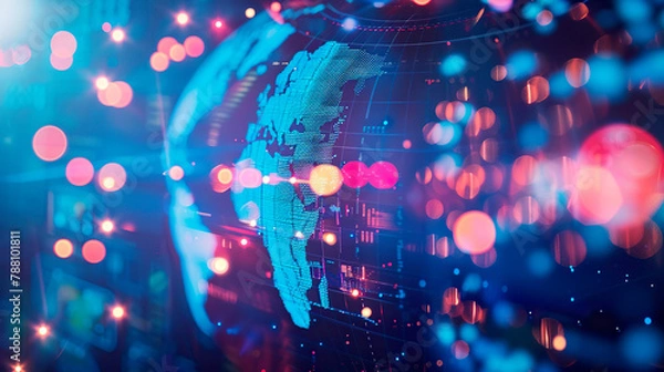 Fototapeta World connection abstract globe. Telecommunication technology line with information data . Broadcast background
