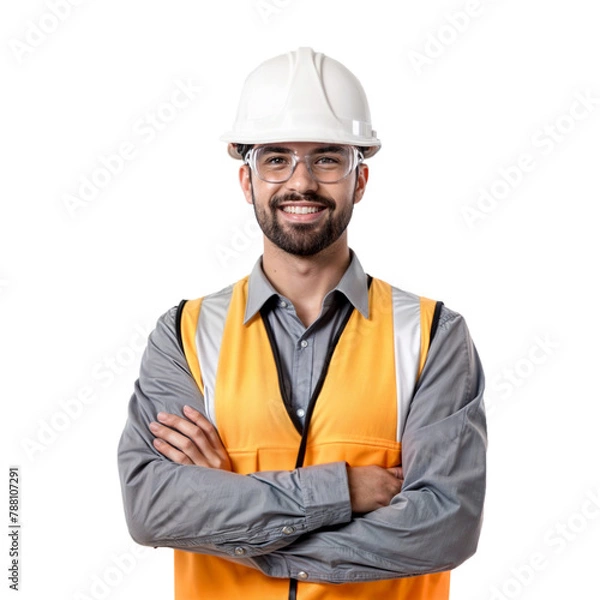 Obraz Builder portrait, man with crossed arms and smile, architect or engineer in the construction industry on a transparent background. Happy male contractor, layout and professional builder wearing white 