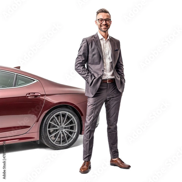 Obraz A man in a suit, a sales manager, stands in front of a car on an isolated background. Car sales manager. PNG.