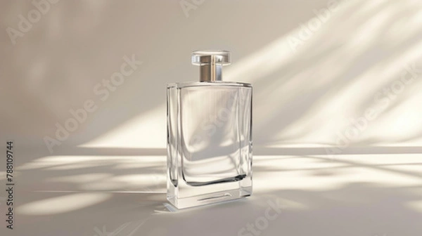 Fototapeta Elegantly shaped transparent minimalist clear glass luxury perfume bottle mockup with smooth and rounded edges forms against a backdrop of soft diffused light
