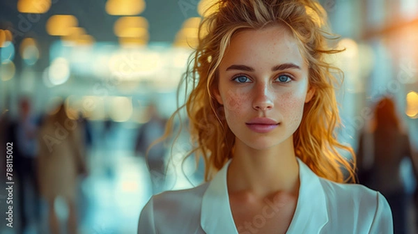 Fototapeta Happy diverse professional executive business woman looking at camera standing in office lobby hall. Generative AI