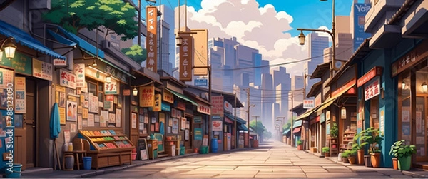 Fototapeta Anime Background and Wallpaper. Illustration of anime background with colorful shops in India