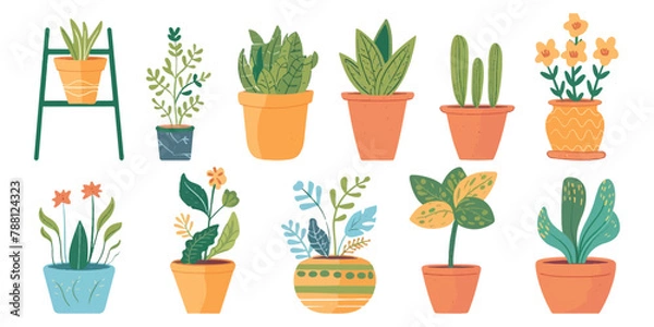 Fototapeta Set of cute potted plants on a white background.