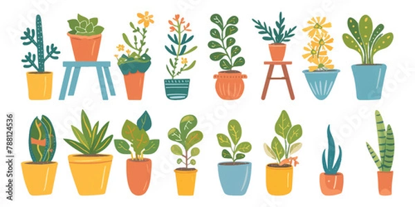 Fototapeta Set of cute potted plants on a white background.