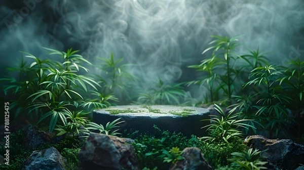 Fototapeta cylindrical stone marble podium on grass, surrounded by dense marijuana plants, with smoke on the ground as part of the composition. Generative ai