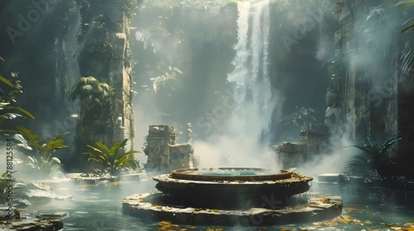 Fototapeta cylindrical stone marble podium on grass, surrounded by dense marijuana plants, with smoke on the ground as part of the composition. Generative ai