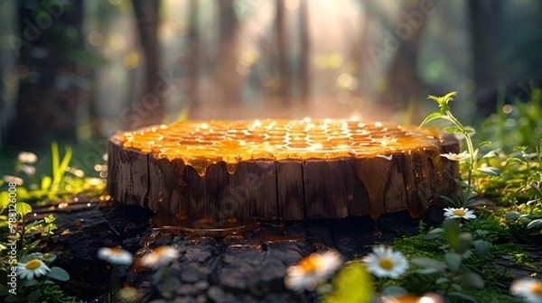 Fototapeta wooden podium on grass, surrounded by large beehives on branches. The wooden podium has fresh honey dripping down onto the wooden floor. The atmosphere is early morning. Generative ai