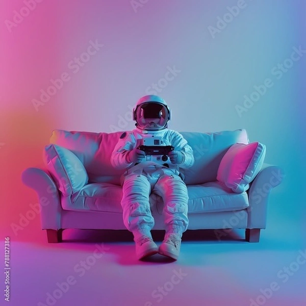 Fototapeta AI generated image, concept photo shot of an Astronaut playing video game on sofa, relaxing, 