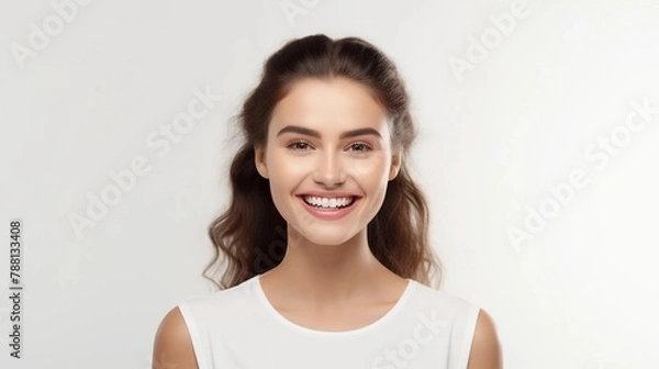 Obraz Universal photorealistic banner with a girl smiling with beautiful white teeth, close-up on a white plain background, close-up with space to insert text