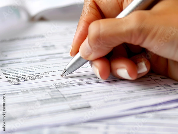 Fototapeta Person filling out forms, concept of detailed healthcare documentation and patient information. insurance concept.