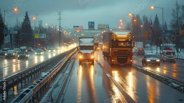 Fototapeta Traffic jam, truck. Generative AI.