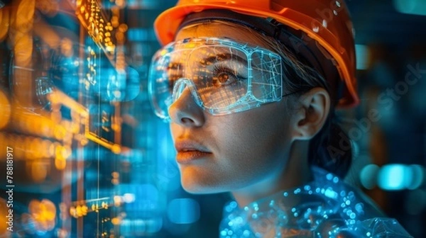 Fototapeta A woman, helmeted and equipped with high-tech goggles, commands attention amidst a luminous blue backdrop, her gaze fixed on a holographic display of advanced technology.
