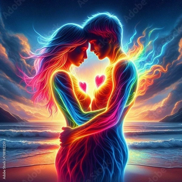 Fototapeta Twin flame couple. Soulmates. The concept of magical, esoteric, tantric, spiritual love. Connection between souls. Illustration for websites and much more. Created using generative ai tools.