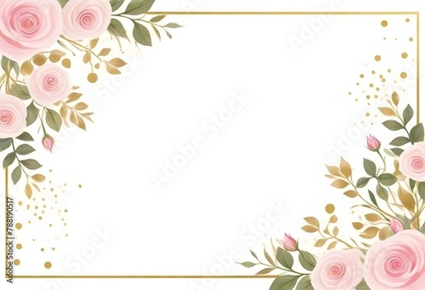 Fototapeta Corner floral design with pink roses, green leaves, and gold dots on a plain light background