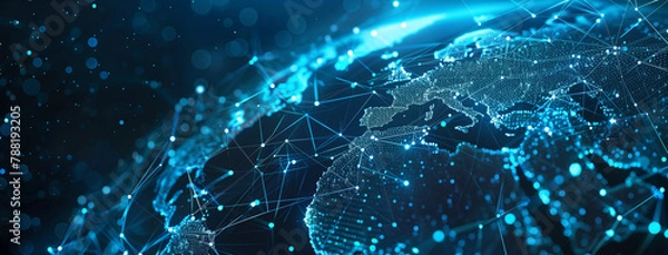 Fototapeta Reflection Abstract digital world map, concept of global network and connectivity on Earth, data transfer and cyber technology, information exchange and international telecommunication, Ai