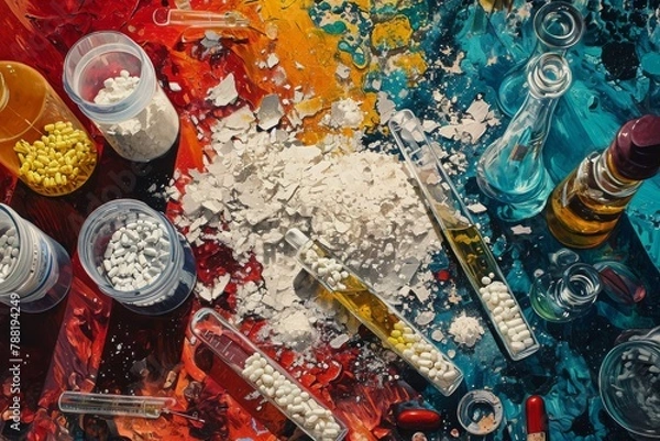 Fototapeta This photo displays a close-up view of a painting featuring a multitude of diverse items, An artwork depicting the process of making synthetic opioids, AI Generated