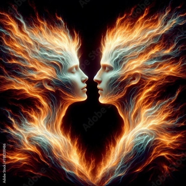 Fototapeta Twin flame couple. Soulmates. The concept of magical, esoteric, tantric, spiritual love. Connection between souls. Illustration for websites and much more. Created using generative ai tools.