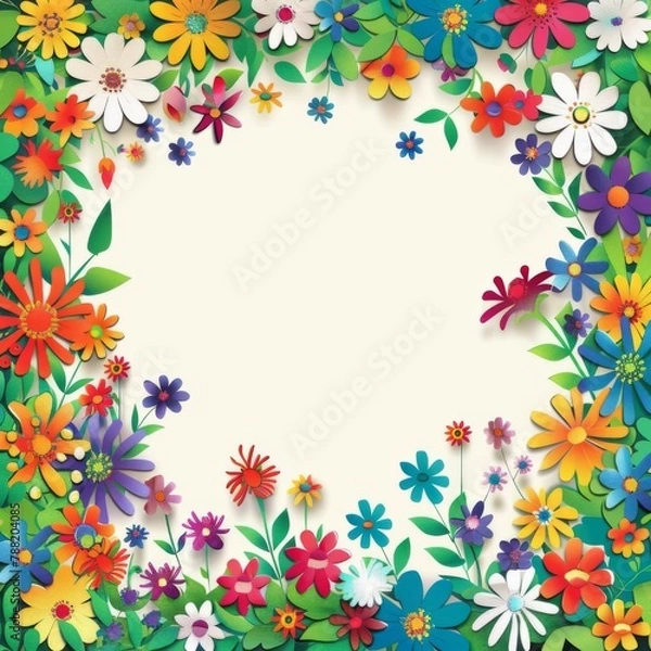Fototapeta Floral patterns around edges. Beautiful background with delicate plants blooming at edges on white backdrop. Horizontal border with pastel spring summer flowers