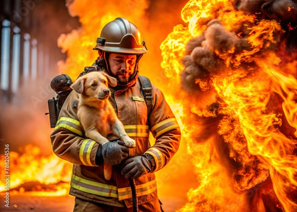 Obraz A male firefighter in special equipment against a background of flames and clouds of black smoke. A rescuer on fire. A firefighter rescued a puppy from the fire.