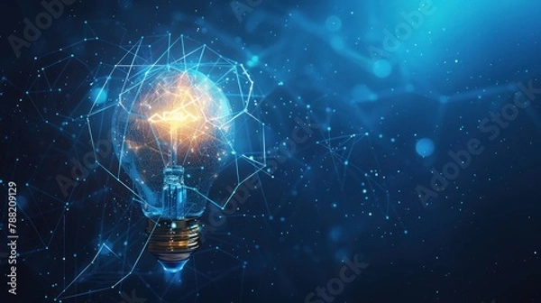 Fototapeta Abstract image of a light bulb of lines and triangles, dots, connecting the network on a blue background AI generated