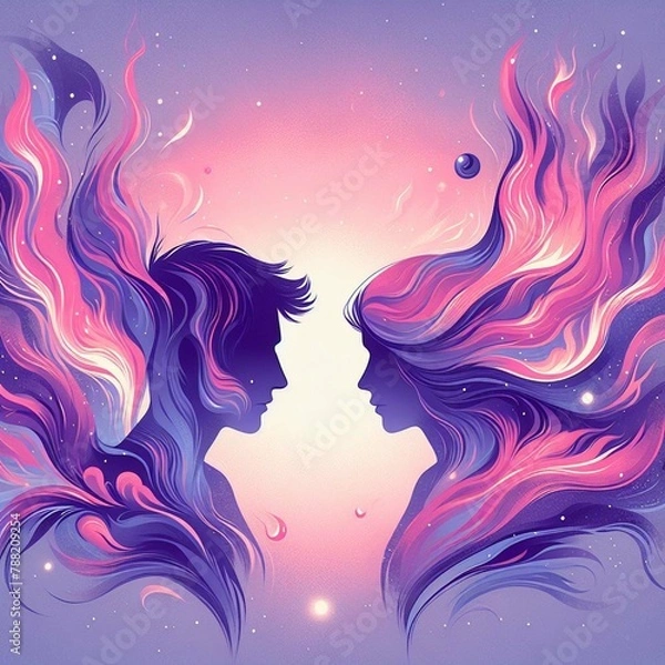 Fototapeta Twin flame couple. Soulmates. The concept of magical, esoteric, tantric, spiritual love. Connection between souls. Illustration for websites and much more. Created using generative ai tools.