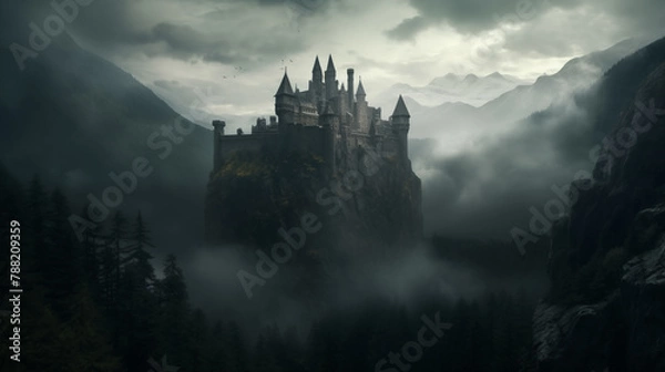 Fototapeta Background for a scary fairy tale background, a dark gothic castle in a dark dead valley, some kind of gray place in a gloomy area of a mountainous region