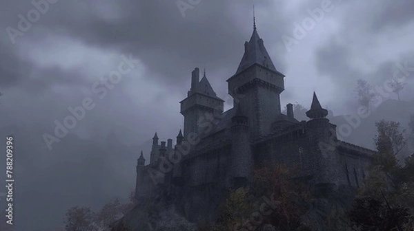 Fototapeta Background for a scary fairy tale background, a dark gothic castle in a dark dead valley, some kind of gray place in a gloomy area of a mountainous region
