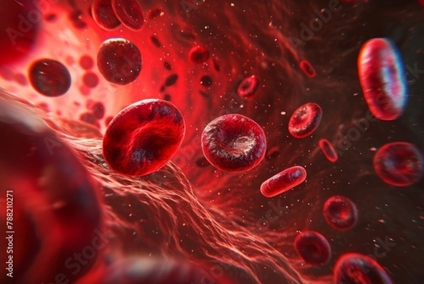 Obraz Red Blood Cells Floating in a Vein of Blood, Artistic representation of the blood cells under a microscope, AI Generated