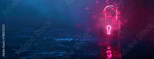Obraz background with glowing lights, Digital padlock for computing system on dark blue background, cyber security, Digital padlock for quantum computing system, cyber security technology, Ai 
