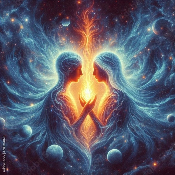 Fototapeta Twin flame couple. Soulmates. The concept of magical, esoteric, tantric, spiritual love. Connection between souls. Illustration for websites and much more. Created using generative ai tools.