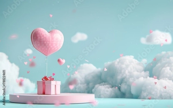 Fototapeta Gift box product standing on blue background, heart shape balloon with copy space, 3D rendering