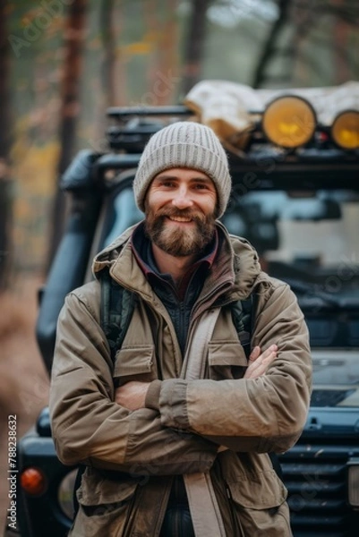 Fototapeta Portrait of a smiling bearded man next to his off-road car in the mountains