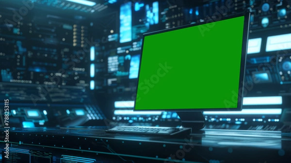 Fototapeta Green screen in an AI analysis room on computer screens in a large high-tech data center. The concept of web services, machine learning, cybersecurity 41