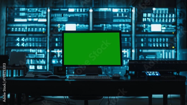 Fototapeta Green screen in an AI analysis room on computer screens in a large high-tech data center. The concept of web services, machine learning, cybersecurity 41