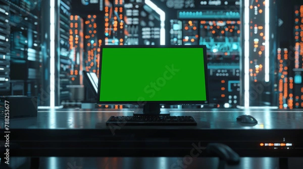 Obraz Green screen in an AI analysis room on computer screens in a large high-tech data center. The concept of web services, machine learning, cybersecurity 41