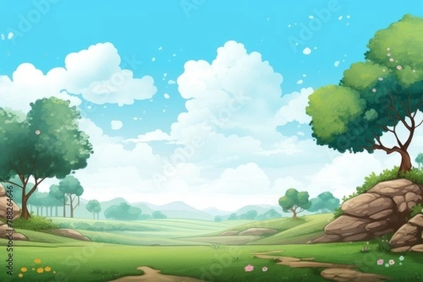 Obraz Cartoon environment with trees, grass, blue sky and clouds