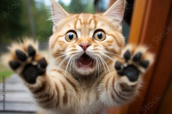 Obraz Funny cat photo saying no to camera with paws