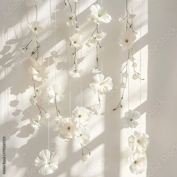 Fototapeta Artificial flowers levitating, hanging flowers on a white background, white wall with window shadow. Background, backdrop with copy space