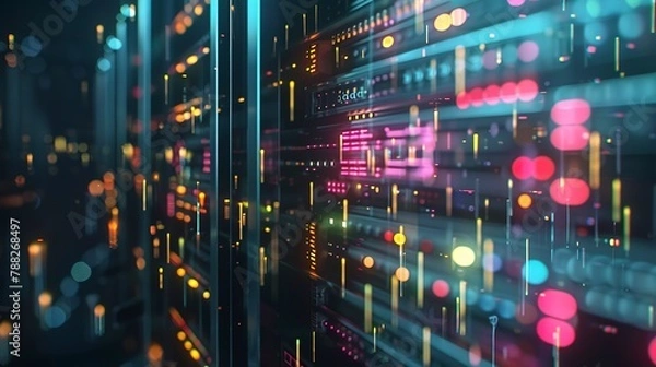 Fototapeta Server rack lights blinking in a dark room, detailed shot, data flow, network heart, IT infrastructure 