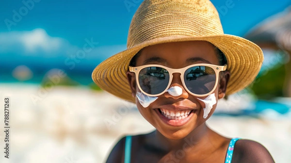 Fototapeta girl with sunscreen on her face at beach, generative ai
