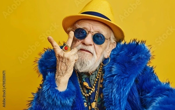 Obraz A colourful of an old man in a blue fur coat yellow