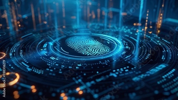 Fototapeta Fingerprint scanning for secure banking, tight view, blue light, futuristic finance, identity verification