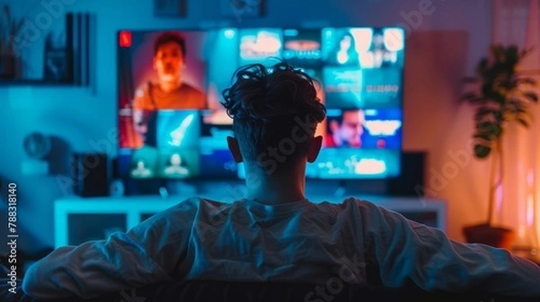 Obraz A person using a streaming service, like Netflix or Spotify, which uses AI algorithms to suggest movies, TV shows, or songs based on their viewing and listening history hyper realistic 