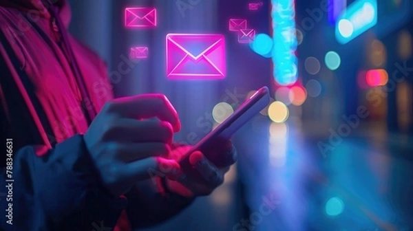 Fototapeta Hand of person use mobile phone for email with notification alert. Online communication concept. E mail icon fly abstract. Man receive sms on smartphone. Internet connection. Send message. Neon light.