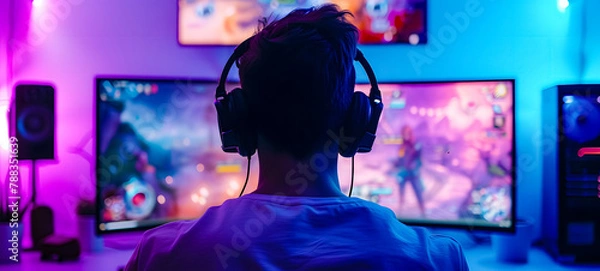 Fototapeta a gamer is sitting in front of a large monitor with headphones, he is an esportsman, a guy of European appearance is shot from the back, a silhouette in headphones against the background of a monitor