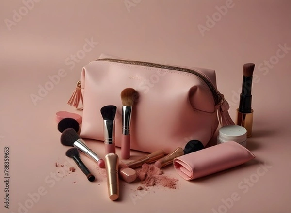 Fototapeta A pink bag filled with various makeup items such as lipstick, eyeshadow, and brushes scattered on a pastel-colored background.
