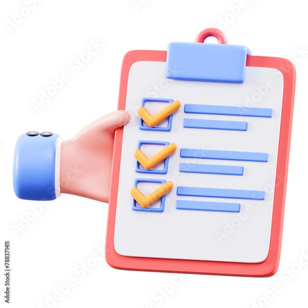 Fototapeta 3D Hand Holding Clipboard with Checkmarks in Blue