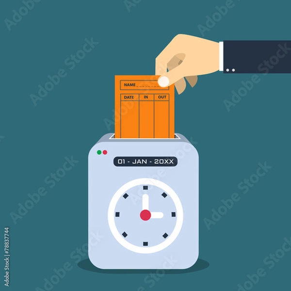 Fototapeta Hand putting  paper card in time recorder machine