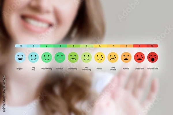 Fototapeta pain measurement scale. Colorful set of emotion icons with a female close up face