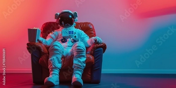 Fototapeta AI generated image, concept photo of an Astronaut sitting on sofa enjoying movie with a popcorn box in hand